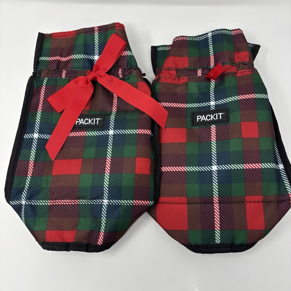 PACKIT Freezable Wine Bag Holiday Flannel‎ Set Of 2